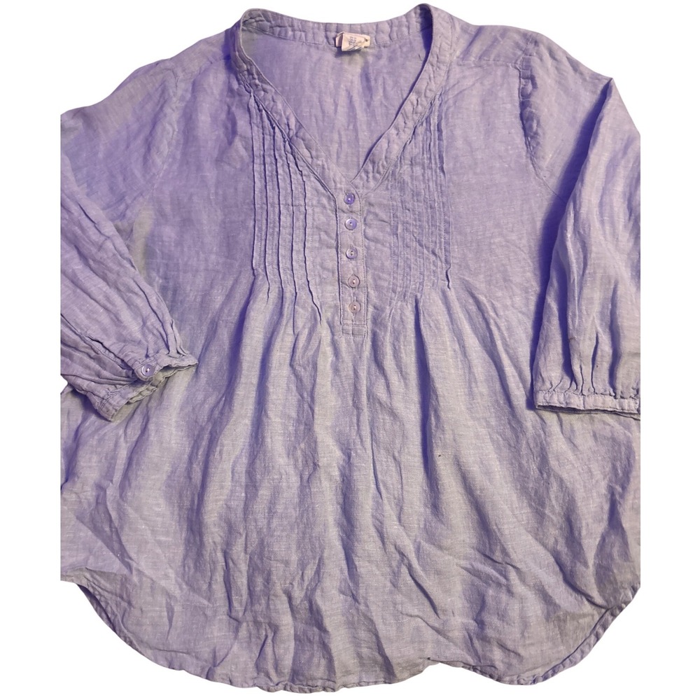 Sigrid Olsen Women's Blue 100% Linen Pintuck Tunic Blouse Size 1X